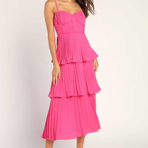 Lulus Dresses & Skirts - Lulus Cascading Crush Hot Pink Tiered Bustier Midi Dress - Size XS